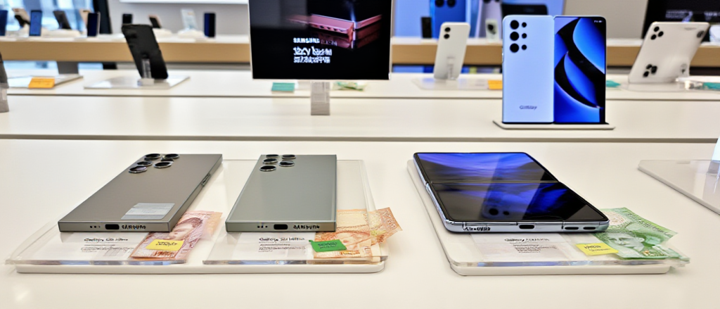 Samsung Galaxy phones with price tags and Singapore dollars for trade-in