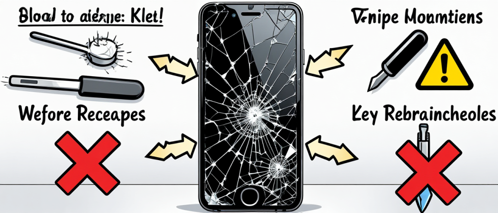 Broken phone with warning signs showing common repair mistakes