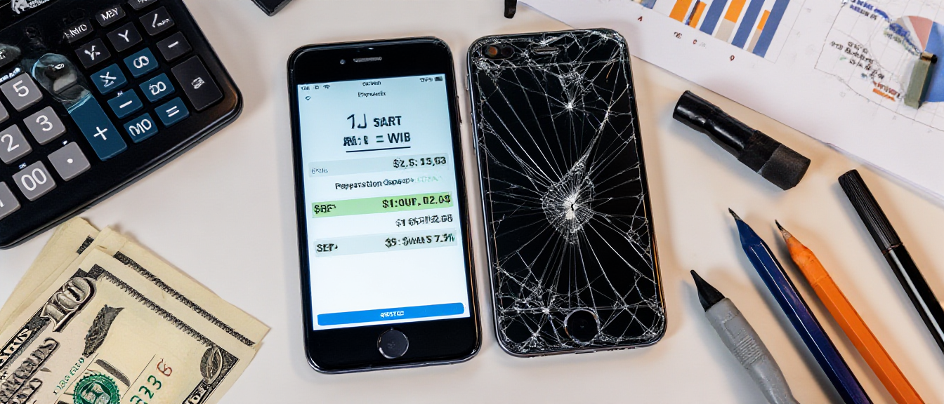 Broken iPhone with calculator showing repair costs