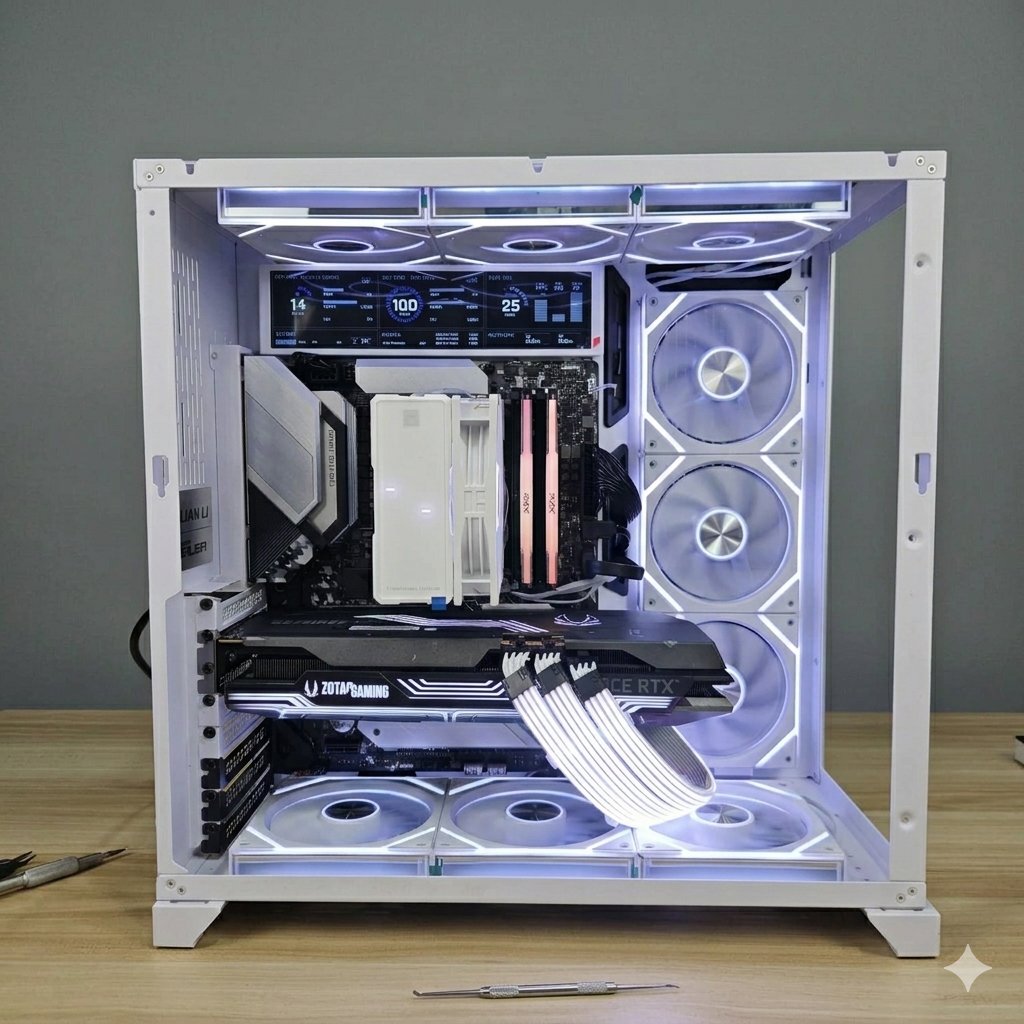 Lian Li custom PC build with Zotac RTX 3070 Ti — front view